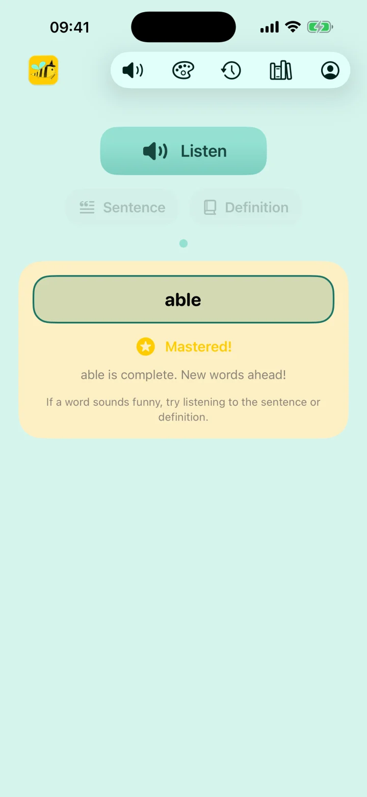 BeeSpell showing a mastered spelling answer